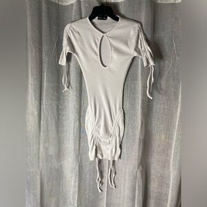 PrettyLittleThing White Ribbed Cut Out Bodycon Mini Dress Size 4 Ruched Ties